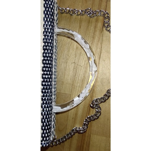 Teal Blue & Cream Stripe, Faux Rattan Square Mini Crossbody Purse - Picture 8 of 10